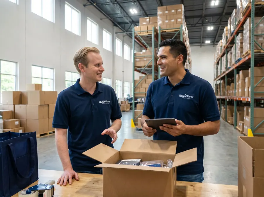 QuickSilver founders talking over an open shipping box on the warehouse floor