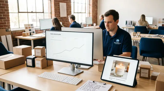 Multi-channel sales dashboard trending up in the warehouse office