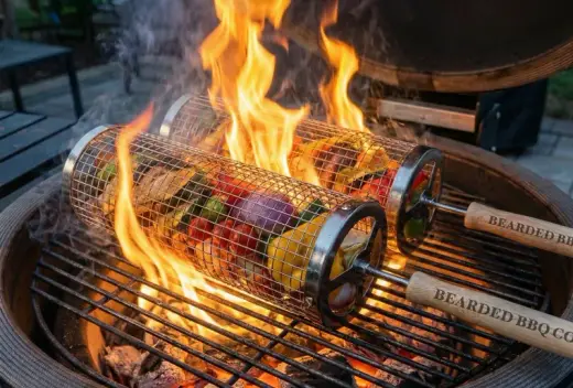 Bearded BBQ rolling grill baskets over an open flame