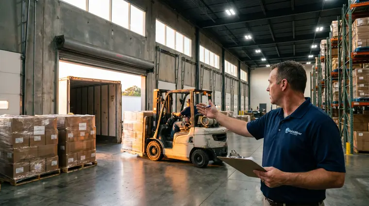Forklift loading shrink-wrapped pallets at the QuickSilver dock doors