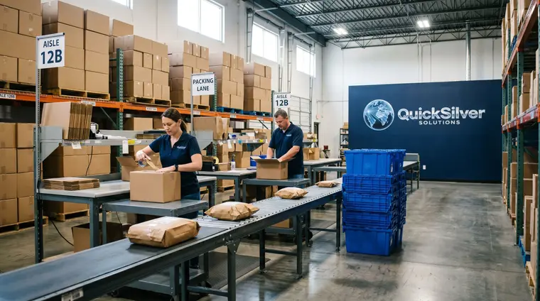 Packing lane with sealed parcels moving toward outbound totes