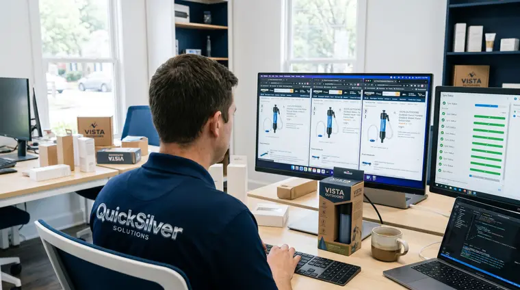 E-commerce admin and uptime dashboards at a QuickSilver workstation