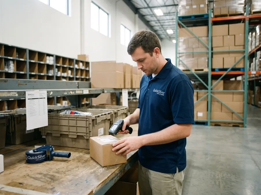 QuickSilver associate scanning an order barcode at a packing station