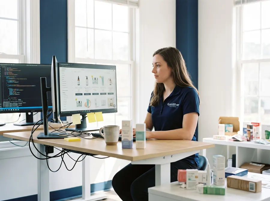 QuickSilver developer managing a storefront from the warehouse-edge office